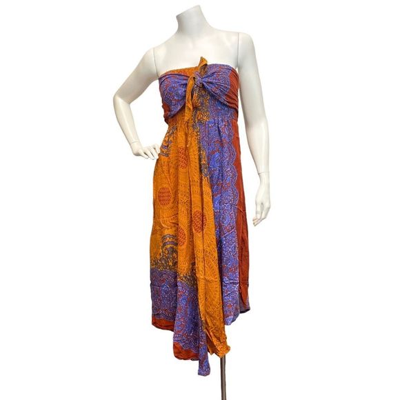 EVEZ boho hippie smocked flowy strapless ethnic dress Fairy Fairycore Beachy - Picture 1 of 6